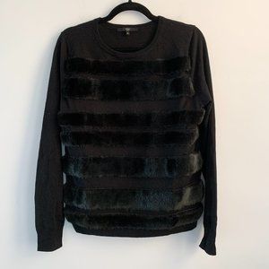 Tibi Black Merino Wool and Faux Fur Patterned Sweater